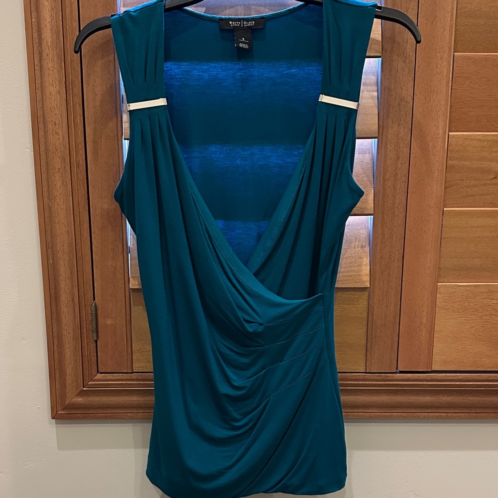 White House Black Market Teal Draped Sleeveless Blouse